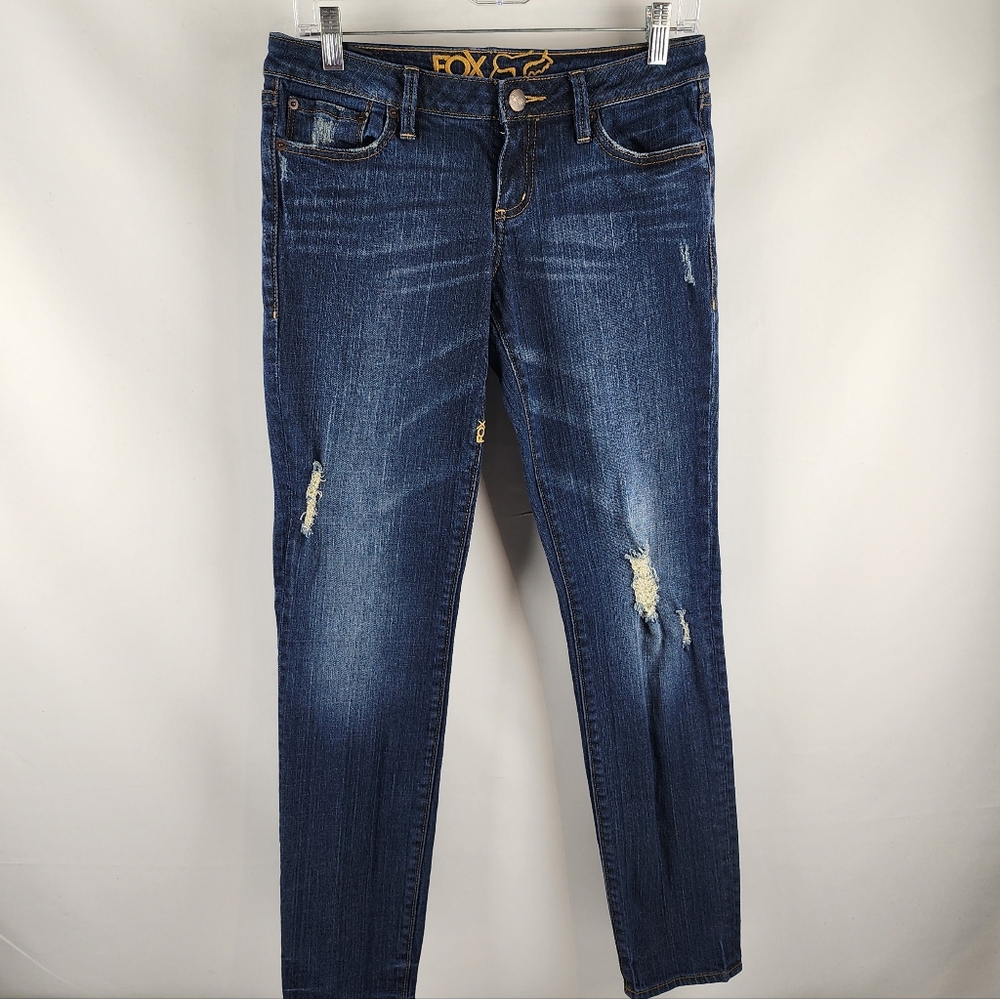 FOX RACING Jeans Womens 7 Super Skinny Distressed Low Rise Blue Denim (28x30)